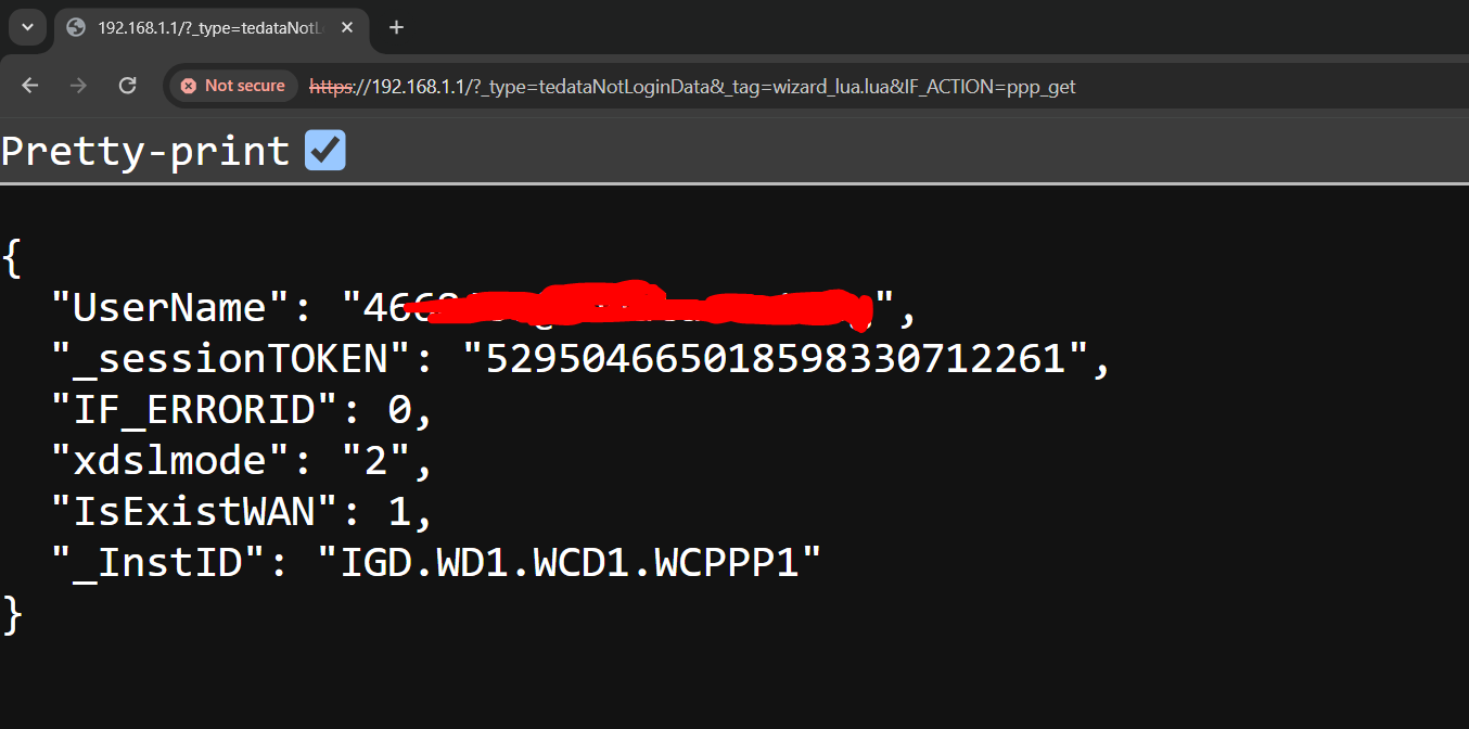 Redacted screenshot of ppp_get JSON response in the wizard interface
