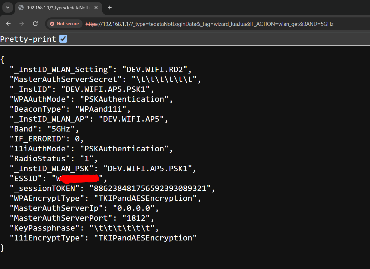 Redacted screenshot of wlan_get JSON response in the wizard interface