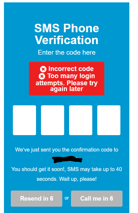 Lockout screen showing both the invalid-code warning and the too-many-attempts message.