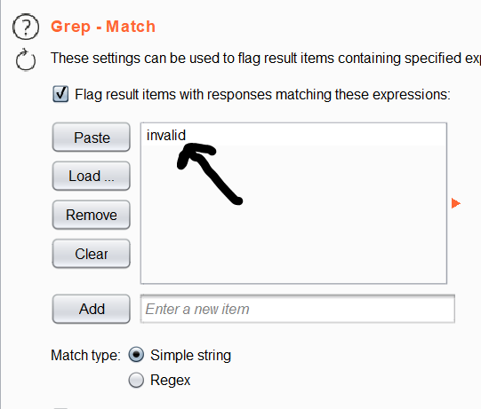 Burp Intruder grep match configured to flag responses containing the word invalid.