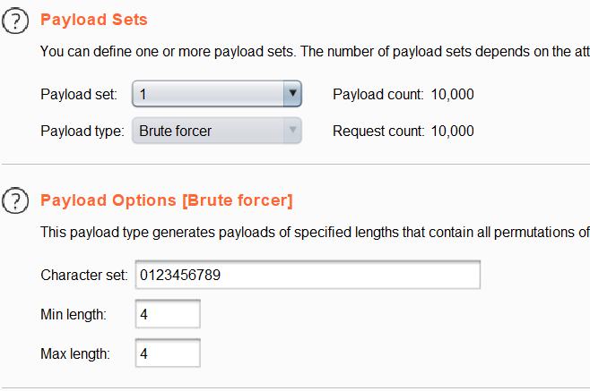 Burp Intruder payload set configuration showing the brute-force options for the verification code.