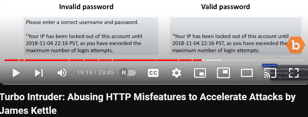 Screenshot from a James Kettle talk showing invalid password versus valid password behavior during account lockout.