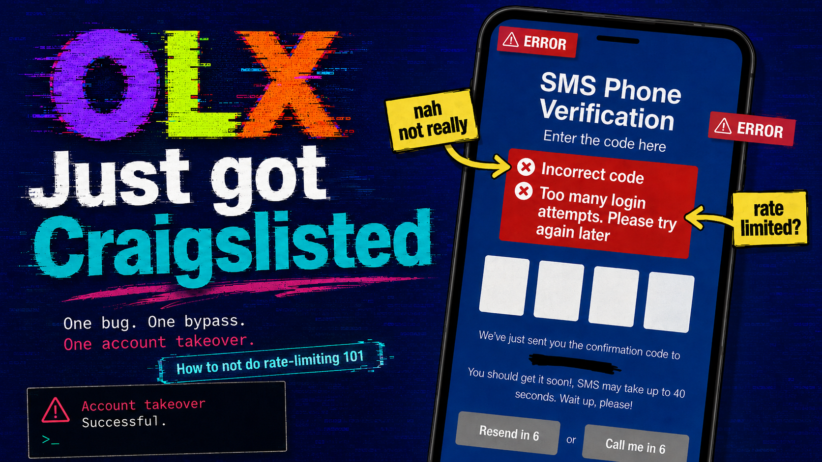Stylized OLX account takeover hero graphic showing the verification-code flaw.