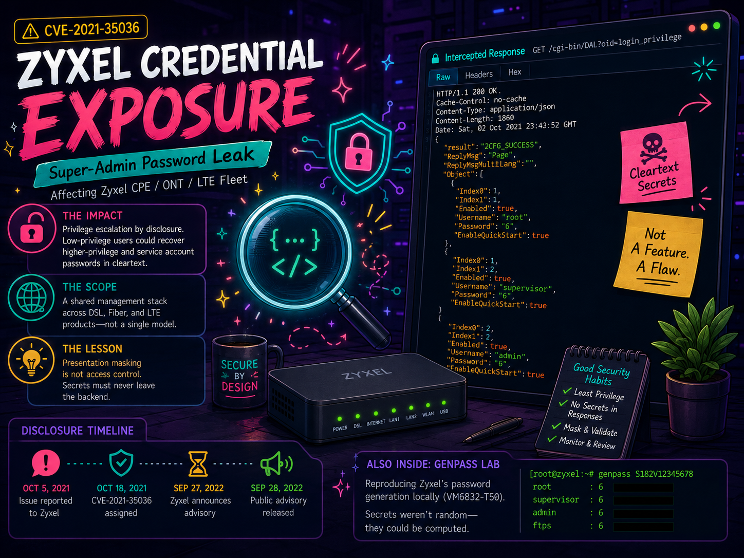 Poster-style advisory image for CVE-2021-35036 summarizing impact, scope, timeline, and the genpass lab context.