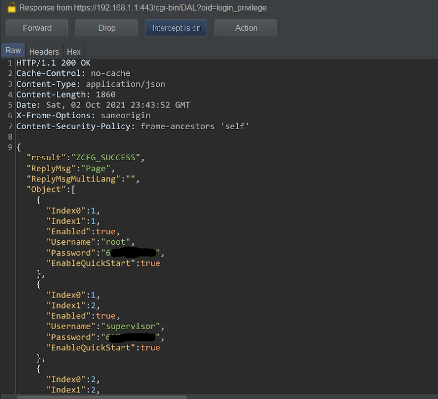 Intercepted Zyxel login_privilege response with leaked account data.